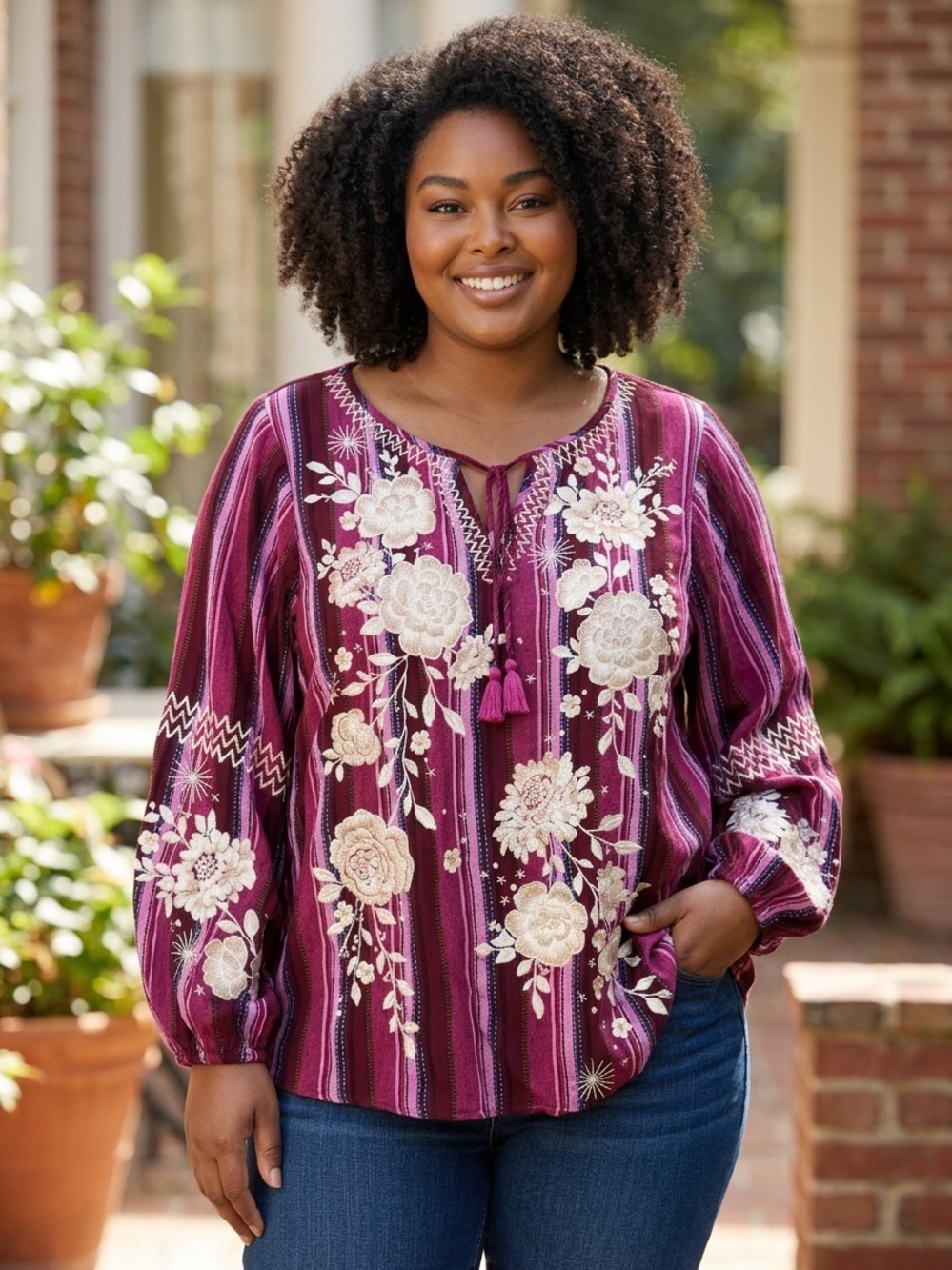 Savanna Jane Plum-Striped Embroidered Peasant Blouse